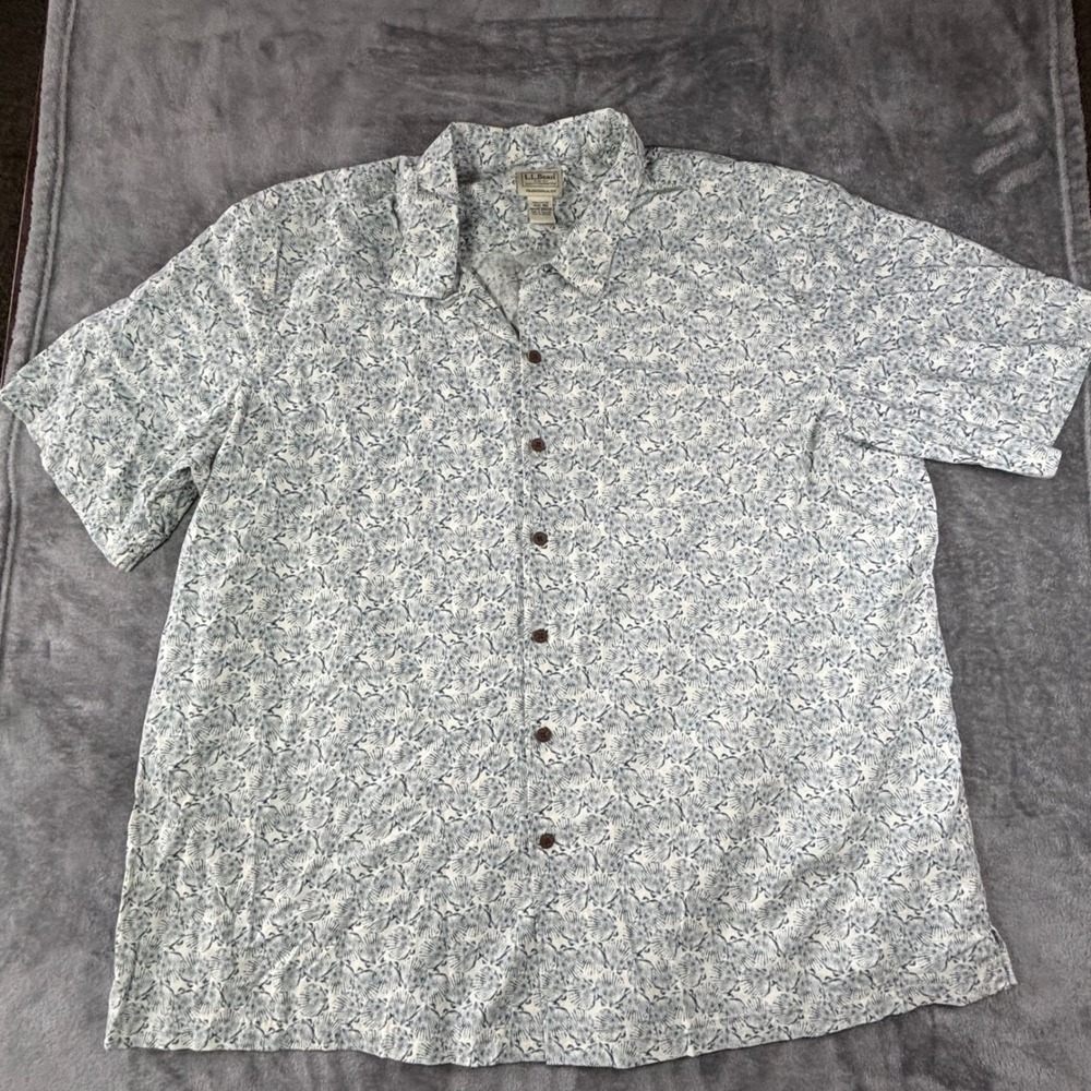 LL Bean Mens 3XXL Traditional Fit Cotton Seashell Print Button Down Shirt Blue